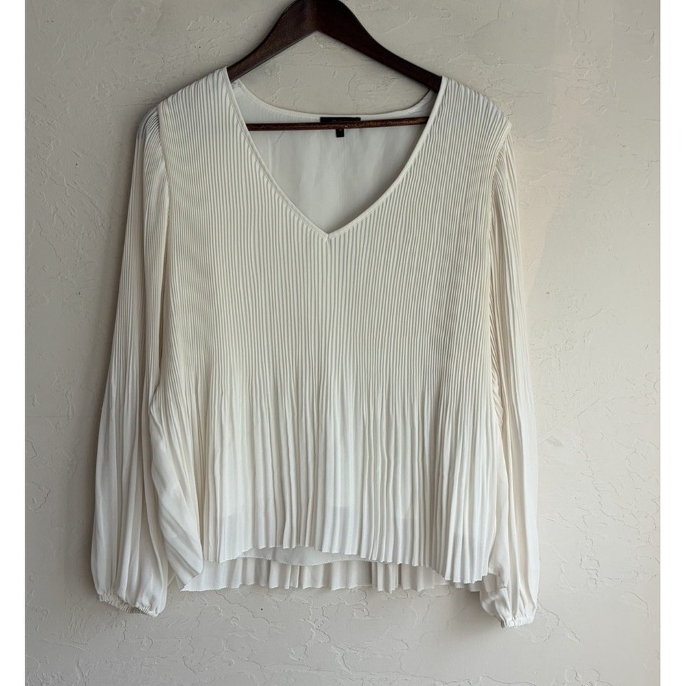 Quince Pleated Chiffon V Neck Blouse S Ivory Balloon Sleeve Top Romantic